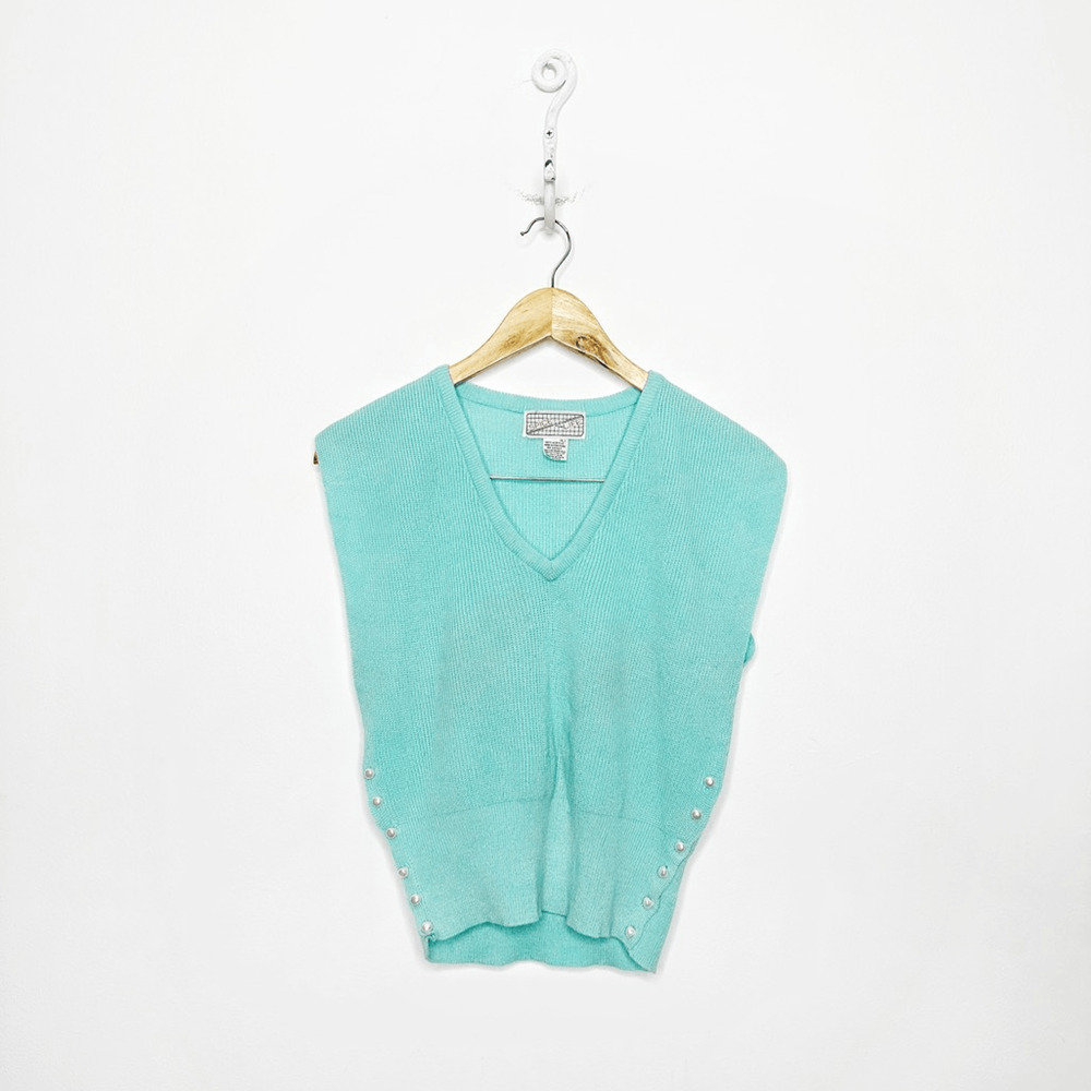 VTG 80s tapered SWEATER VEST blue v neck PEARL button side details womens L